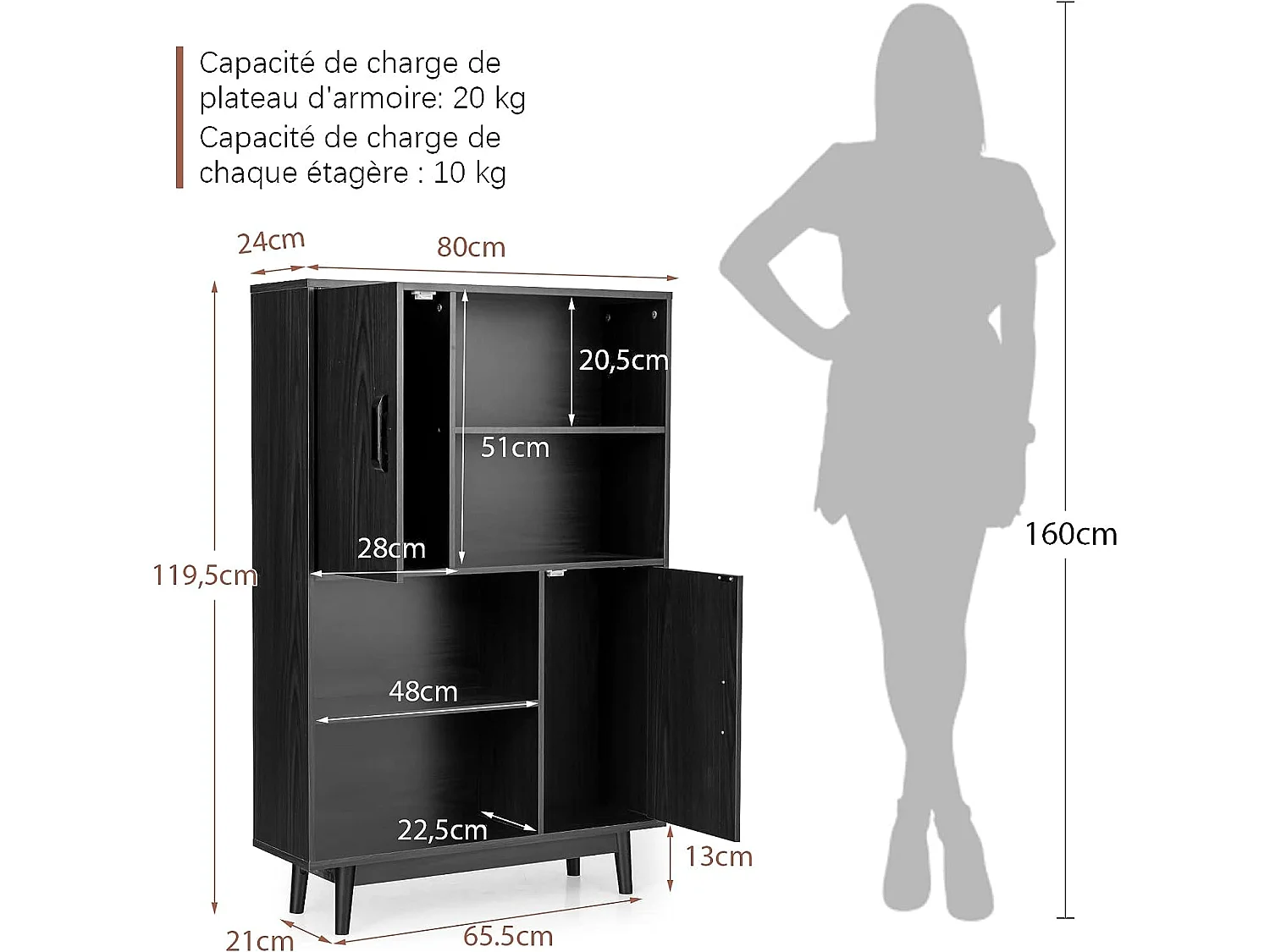 Bibliothèque, étagère à 4 niveaux avec 2 portes, meuble de rangement avec patins anti
