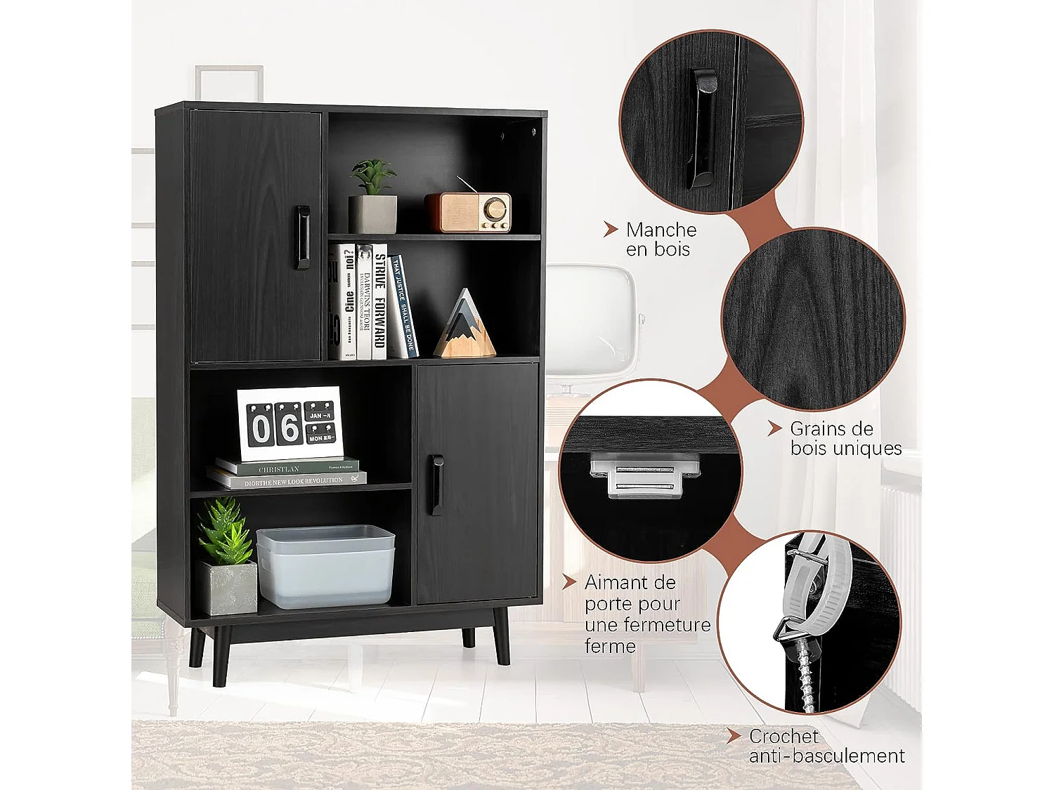 Bibliothèque, étagère à 4 niveaux avec 2 portes, meuble de rangement avec patins anti