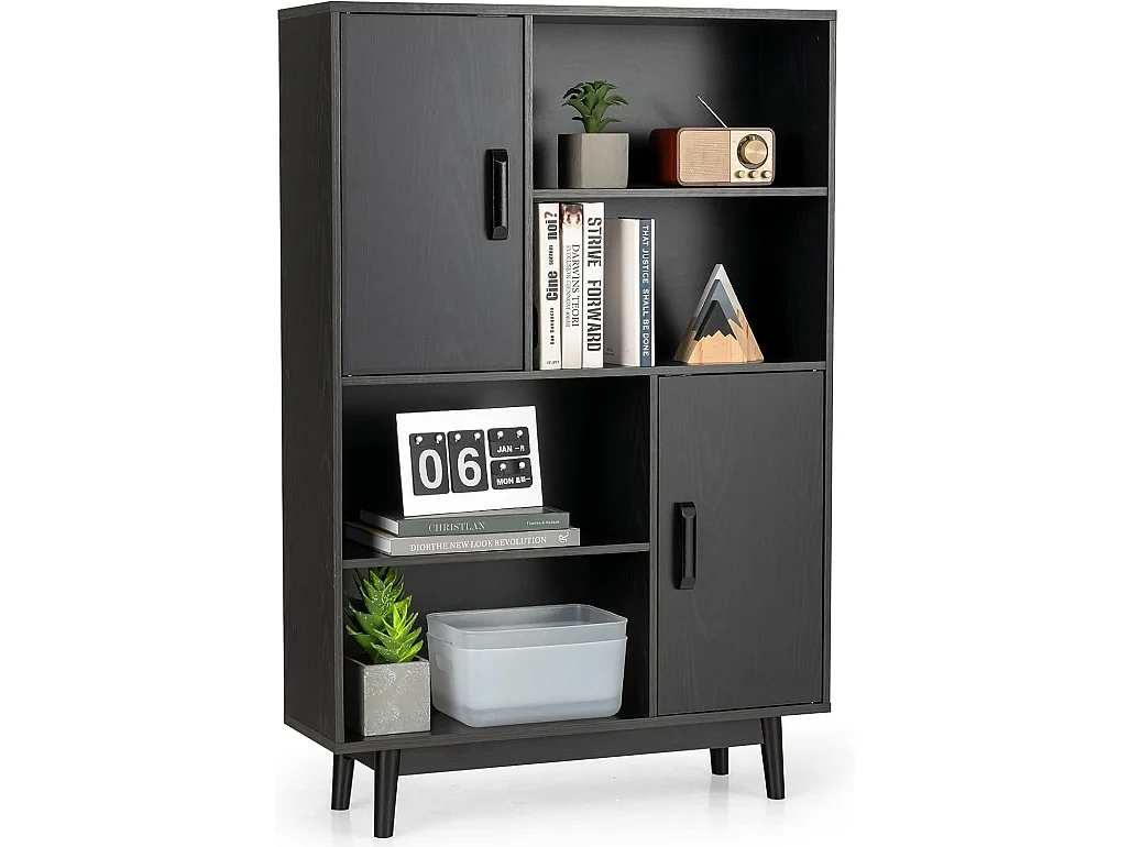 Bibliothèque, étagère à 4 niveaux avec 2 portes, meuble de rangement avec patins anti