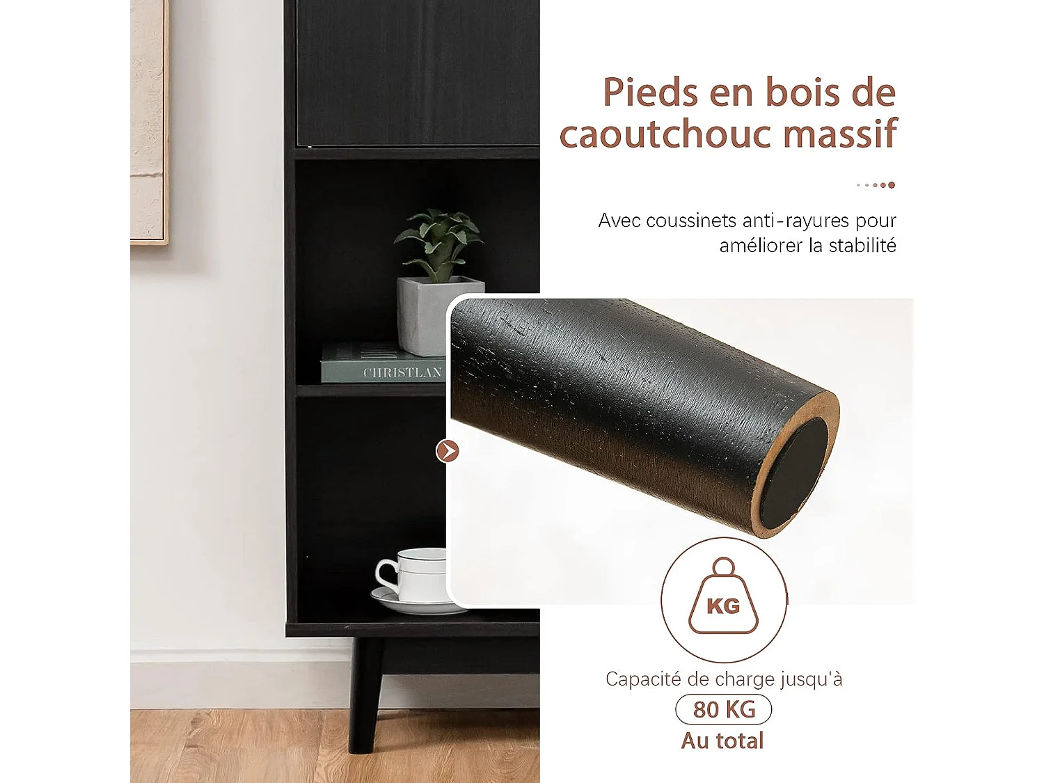 Bibliothèque, étagère à 4 niveaux avec 2 portes, meuble de rangement avec patins anti