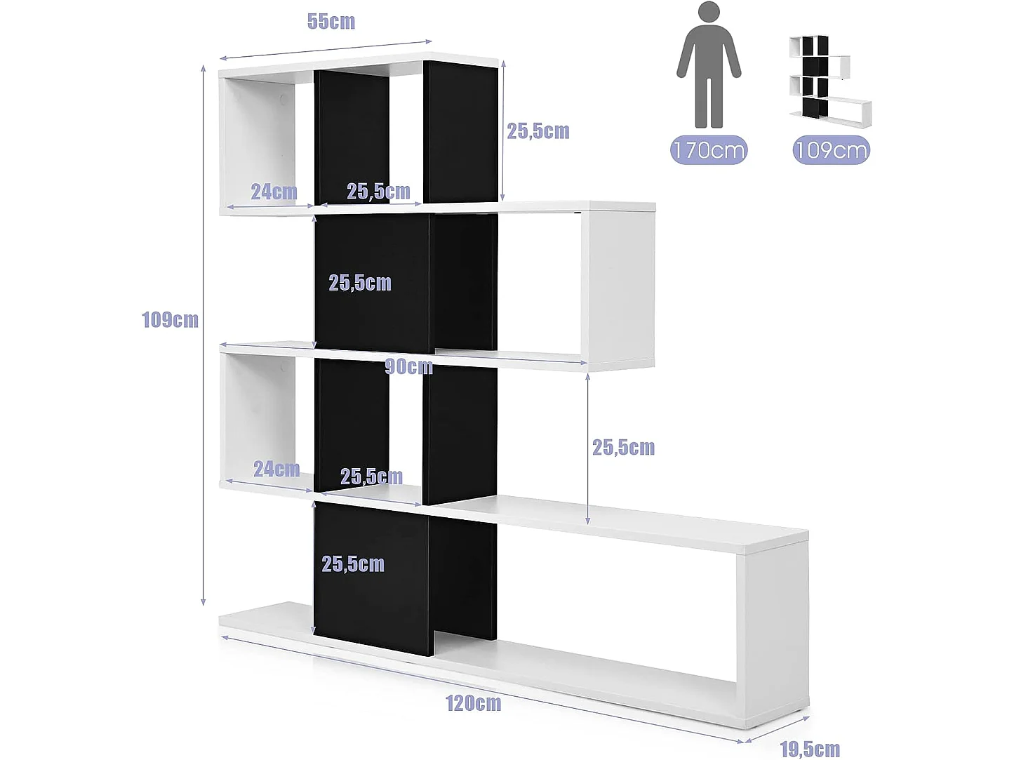 Bibliothèque à 5 niveaux 120x19,5x109 cm étagère de rangement avec dispositif anti