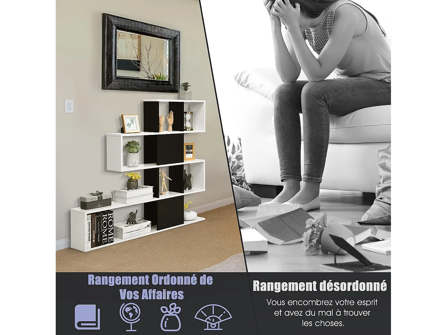 Bibliothèque à 5 niveaux 120x19,5x109 cm étagère de rangement avec dispositif anti