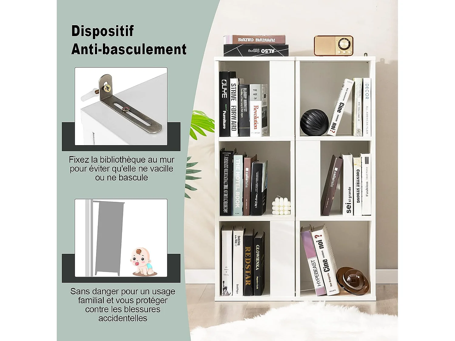 Bibliothèque à 3 niveaux lot de 2 avec 6 compartiments, bibliotheque étagère rangement