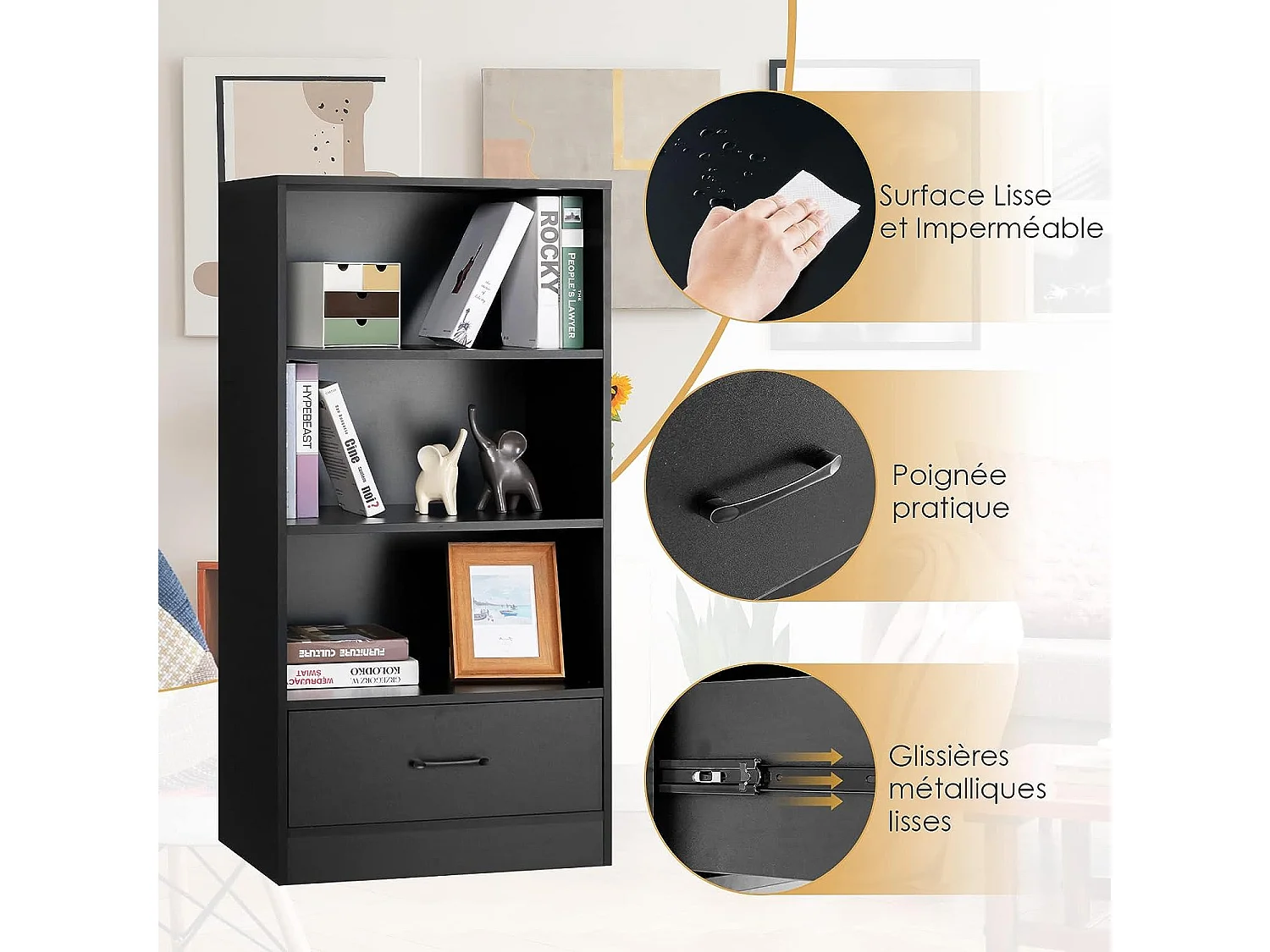 Bibliothèque étagère en bois à 4 niveaux avec grand tiroir, meuble de rangement sur pied dispositif anti