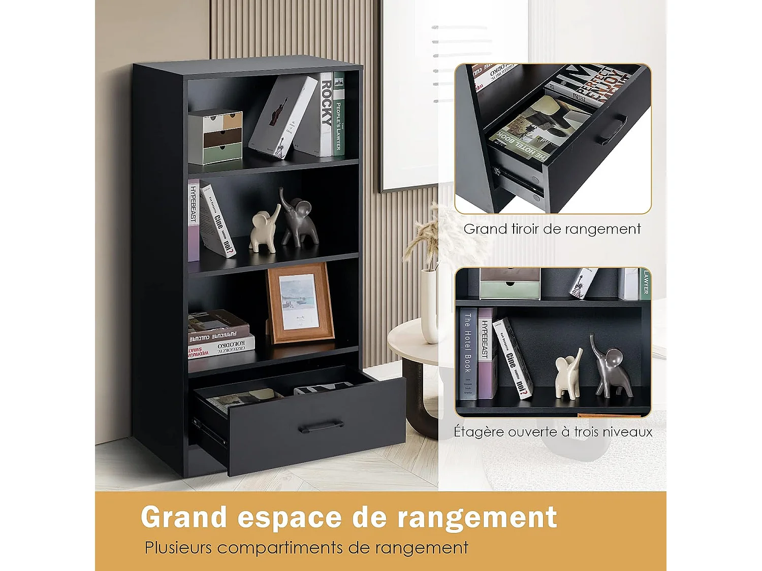 Bibliothèque étagère en bois à 4 niveaux avec grand tiroir, meuble de rangement sur pied dispositif anti