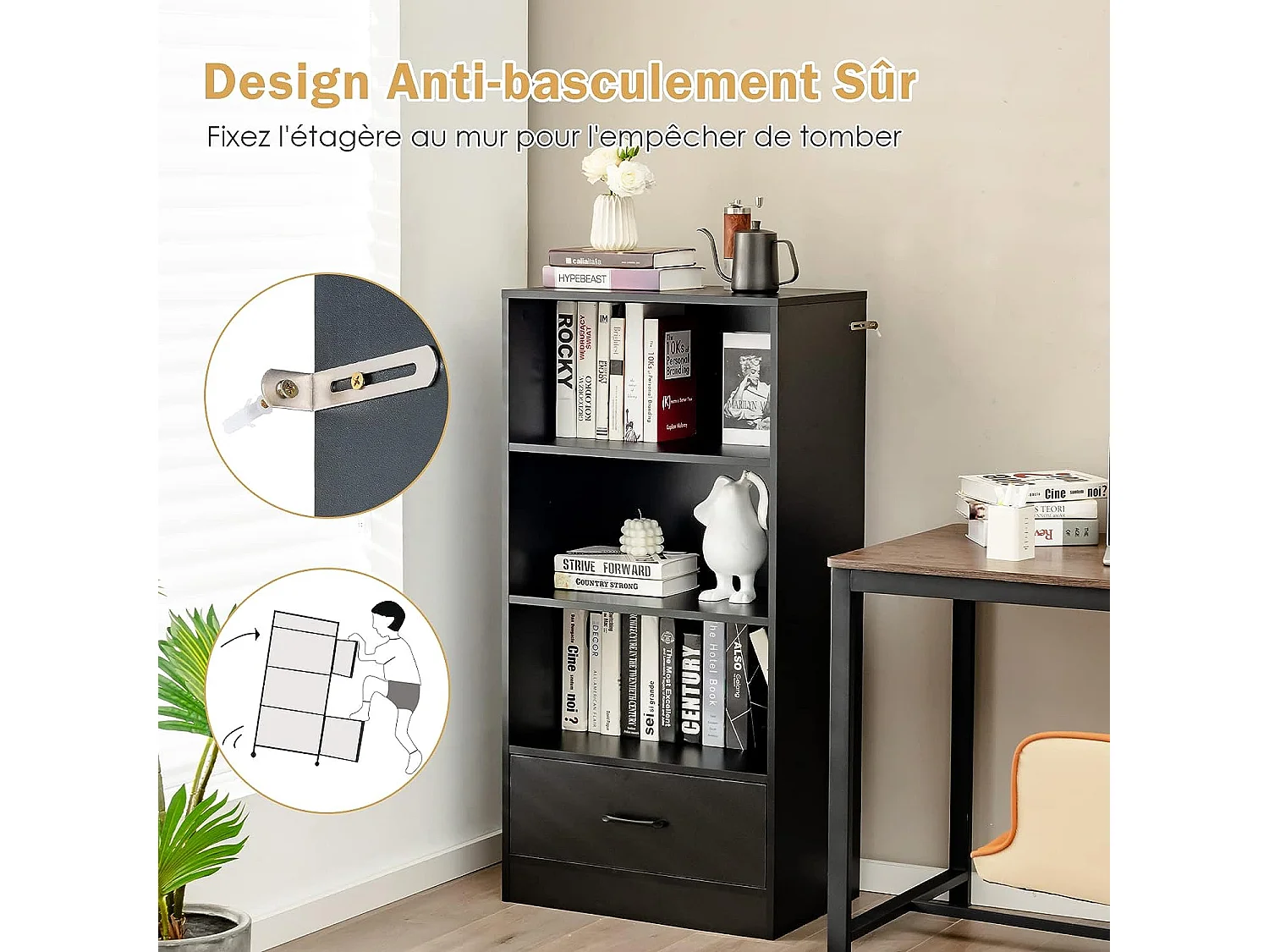 Bibliothèque étagère en bois à 4 niveaux avec grand tiroir, meuble de rangement sur pied dispositif anti