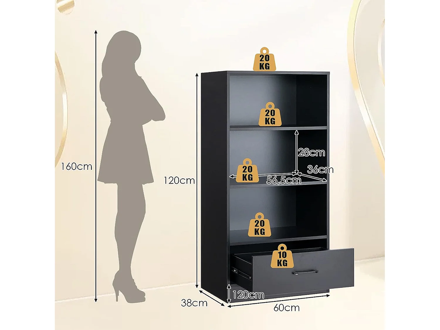 Bibliothèque étagère en bois à 4 niveaux avec grand tiroir, meuble de rangement sur pied dispositif anti