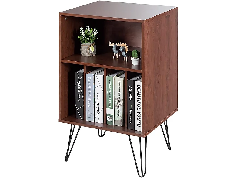 Meuble de rangement, meuble pour tourne-disque avec 5 compartiments ouverts et pieds en métal