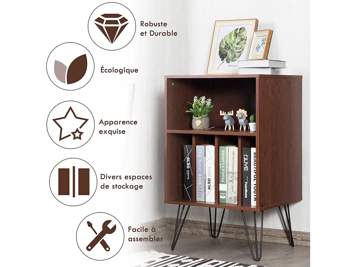 Meuble de rangement, meuble pour tourne-disque avec 5 compartiments ouverts et pieds en métal