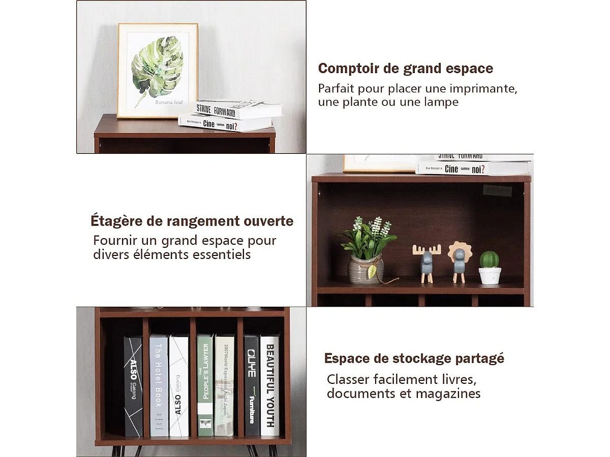 Meuble de rangement, meuble pour tourne-disque avec 5 compartiments ouverts et pieds en métal
