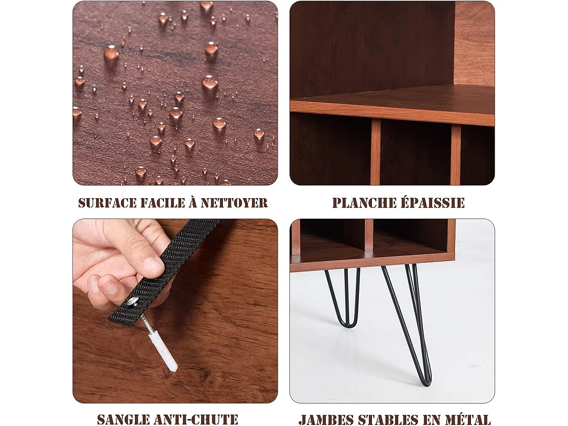 Meuble de rangement, meuble pour tourne-disque avec 5 compartiments ouverts et pieds en métal