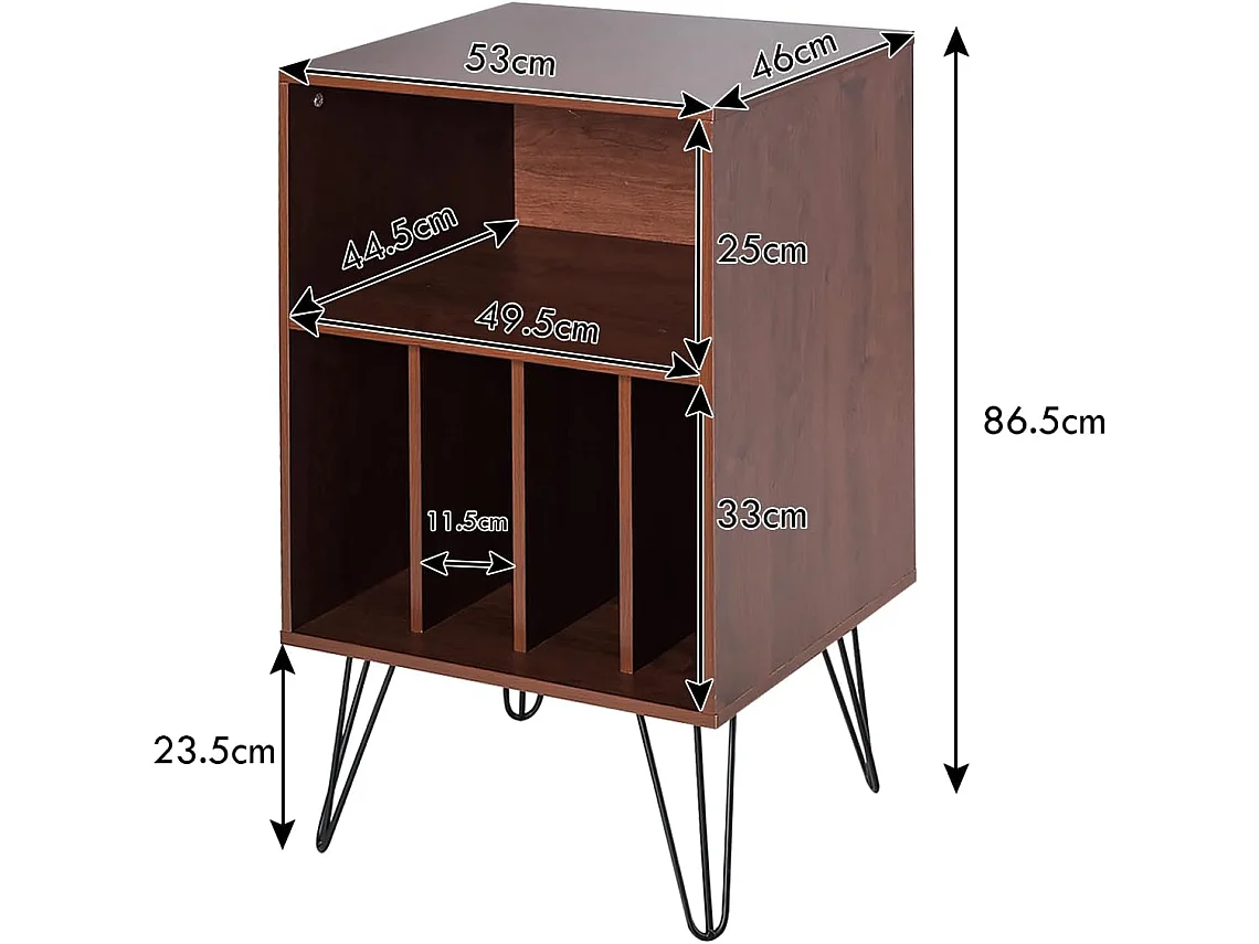 Meuble de rangement, meuble pour tourne-disque avec 5 compartiments ouverts et pieds en métal