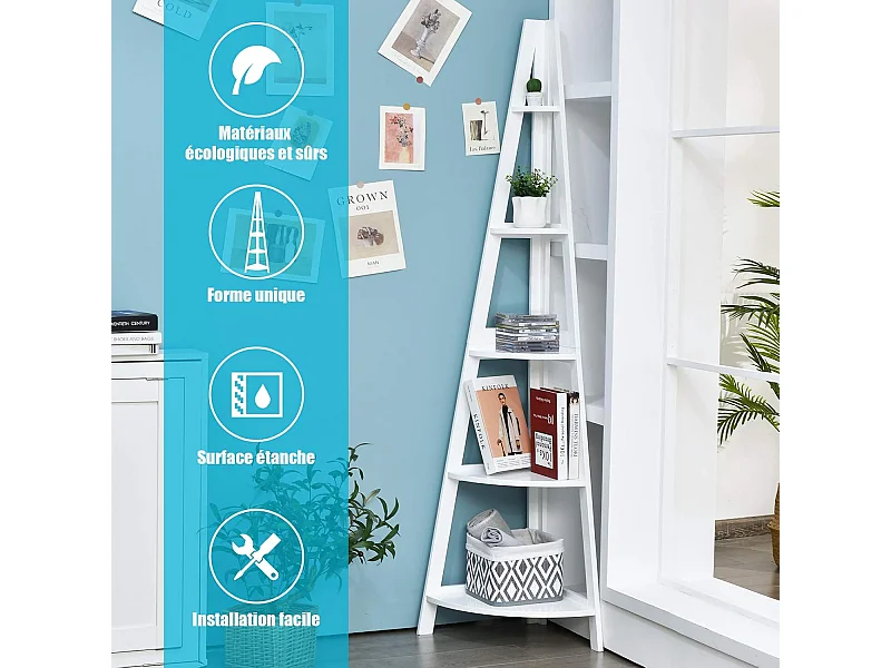 Bibliothèque / étagère de rangement pour angle avec 5 étagères style moderne en bois 35x35x175 cm