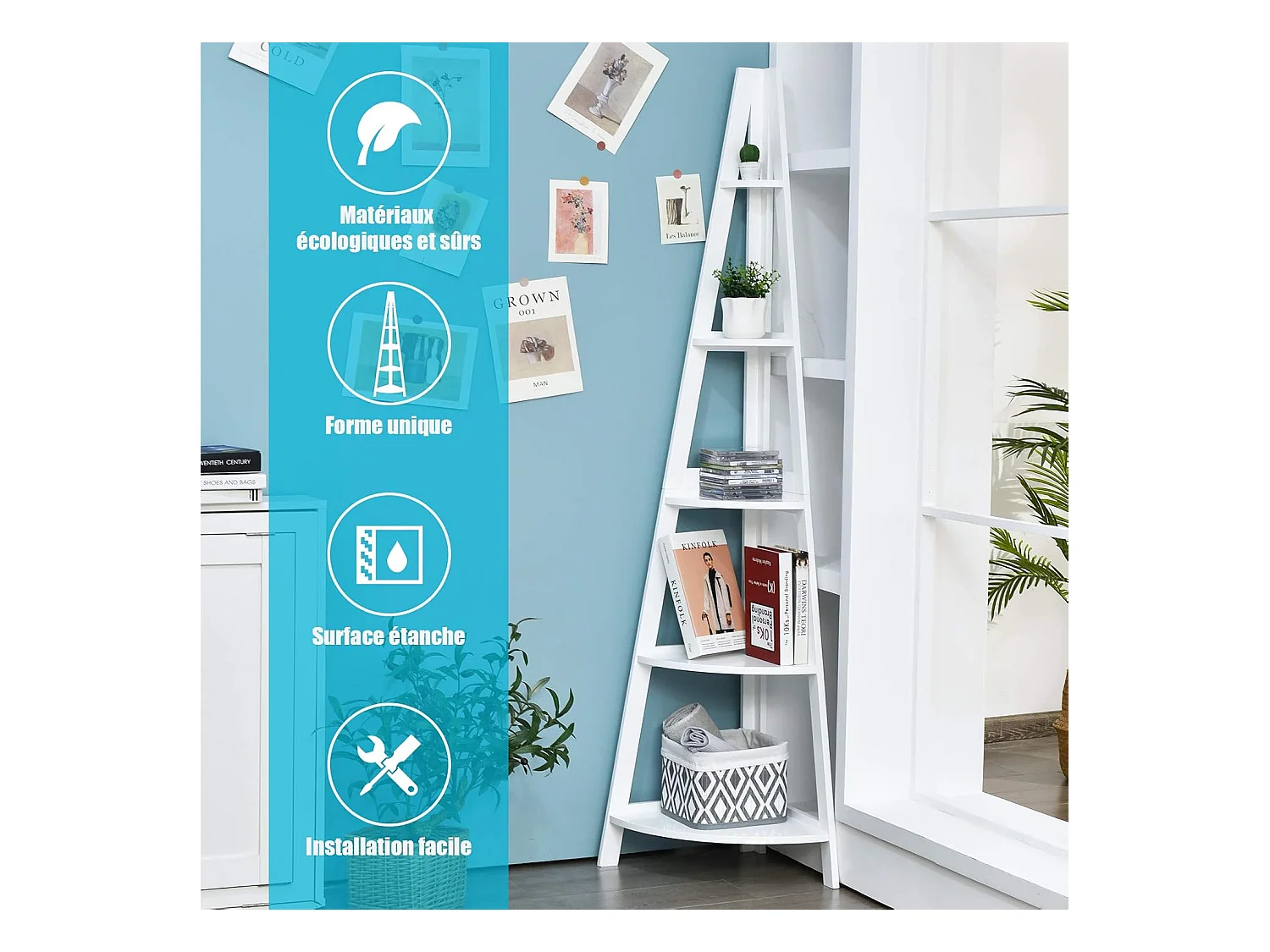 Bibliothèque / étagère de rangement pour angle avec 5 étagères style moderne en bois 35x35x175 cm