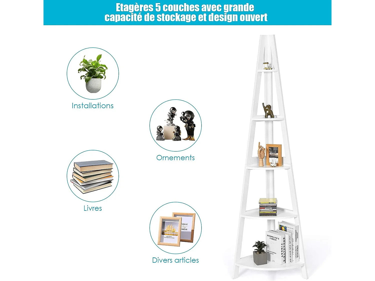 Bibliothèque / étagère de rangement pour angle avec 5 étagères style moderne en bois 35x35x175 cm