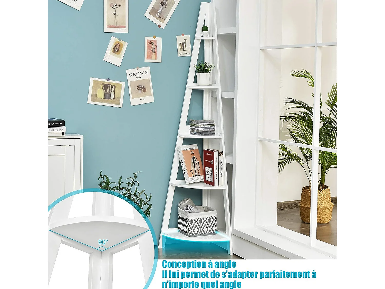 Bibliothèque / étagère de rangement pour angle avec 5 étagères style moderne en bois 35x35x175 cm