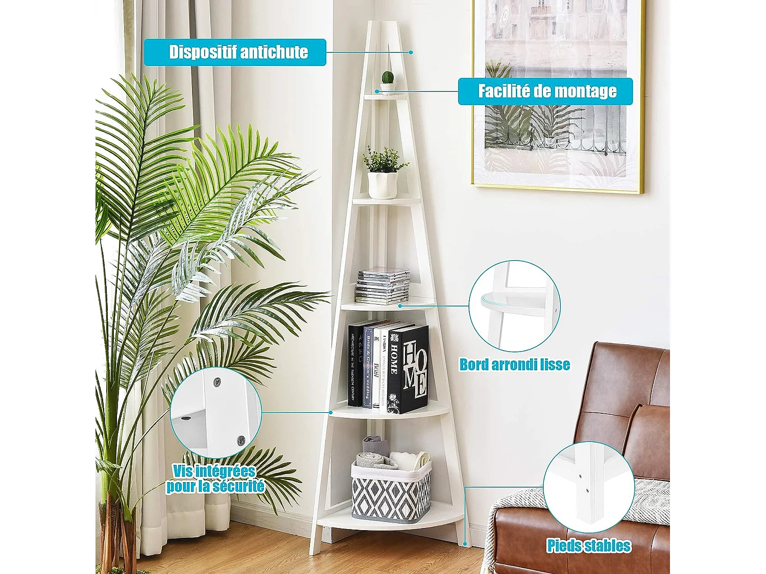 Bibliothèque / étagère de rangement pour angle avec 5 étagères style moderne en bois 35x35x175 cm