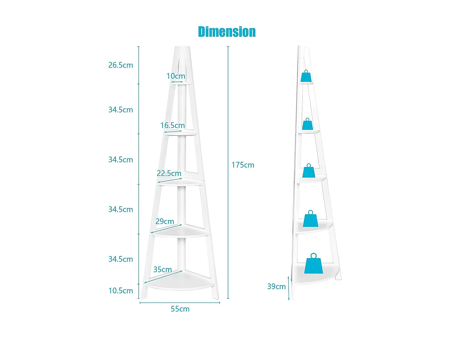 Bibliothèque / étagère de rangement pour angle avec 5 étagères style moderne en bois 35x35x175 cm