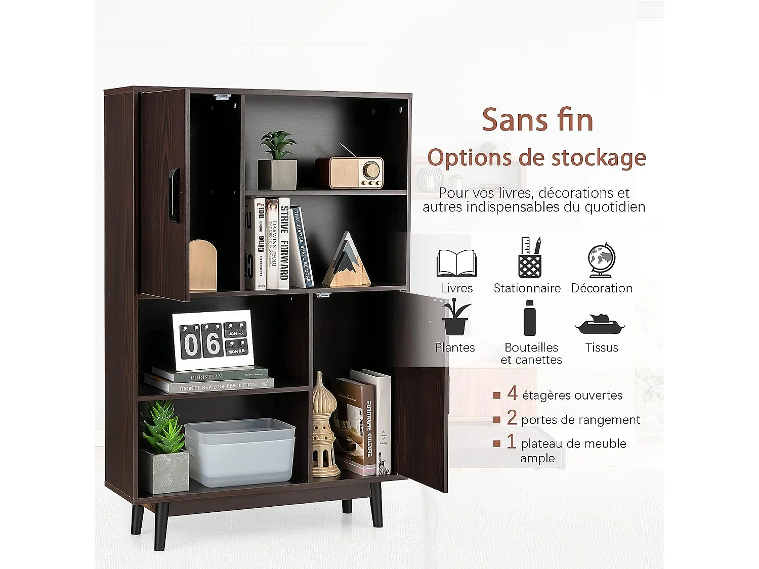 Bibliothèque, étagère à 4 niveaux avec 2 portes, meuble de rangement avec patins anti