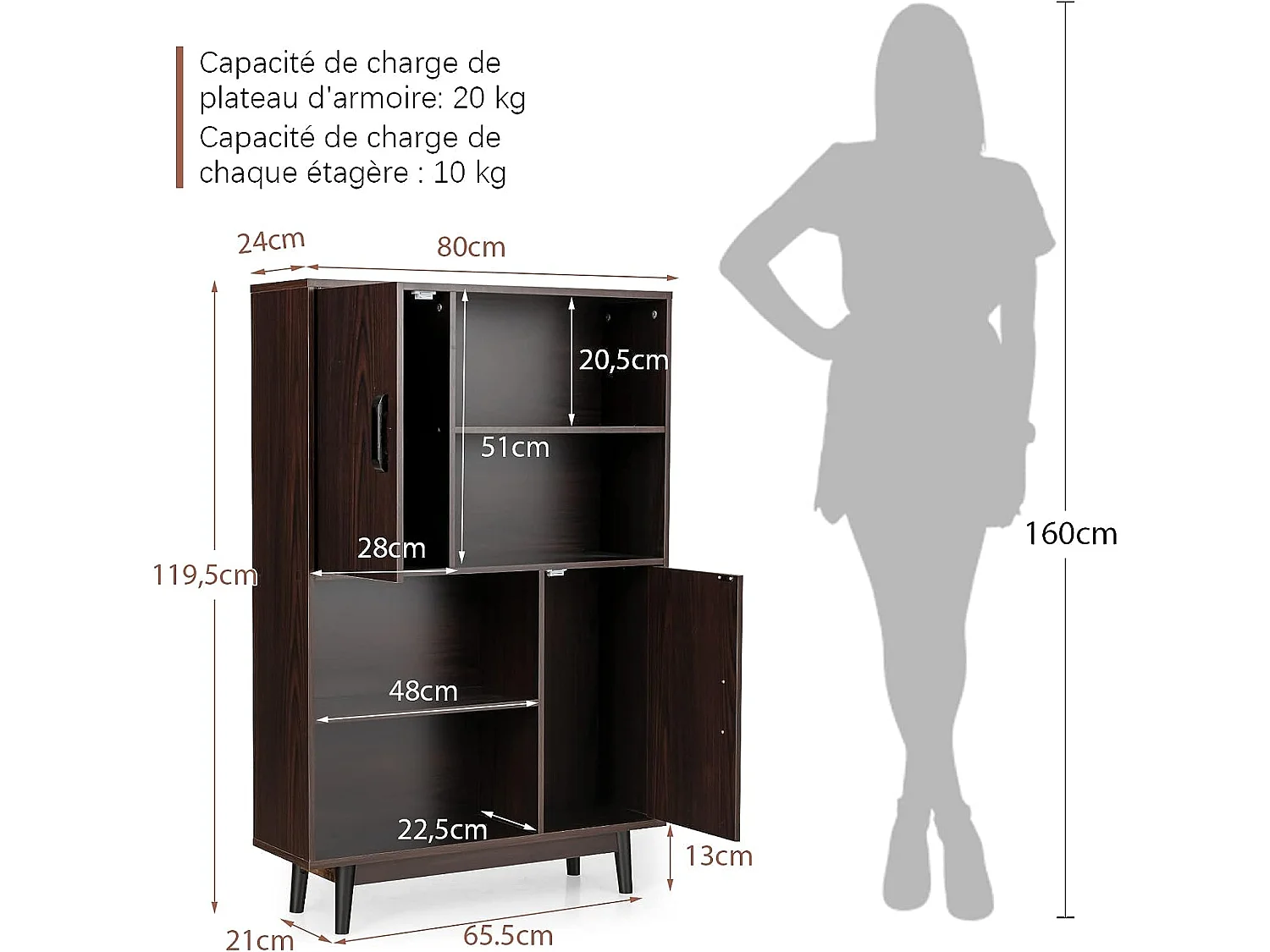 Bibliothèque, étagère à 4 niveaux avec 2 portes, meuble de rangement avec patins anti