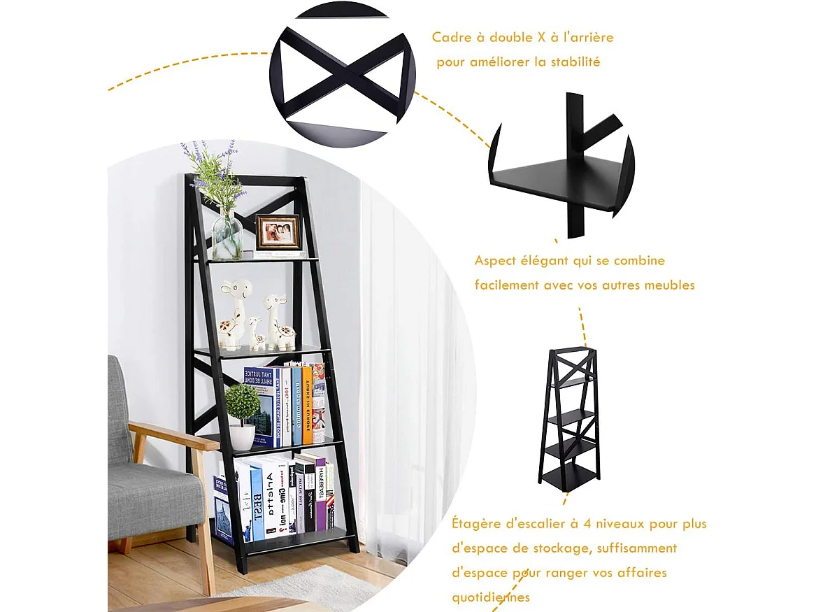Lot de 2 etagere echelle en bois avec 4 tablettes pour plantes, 51x46x143cm