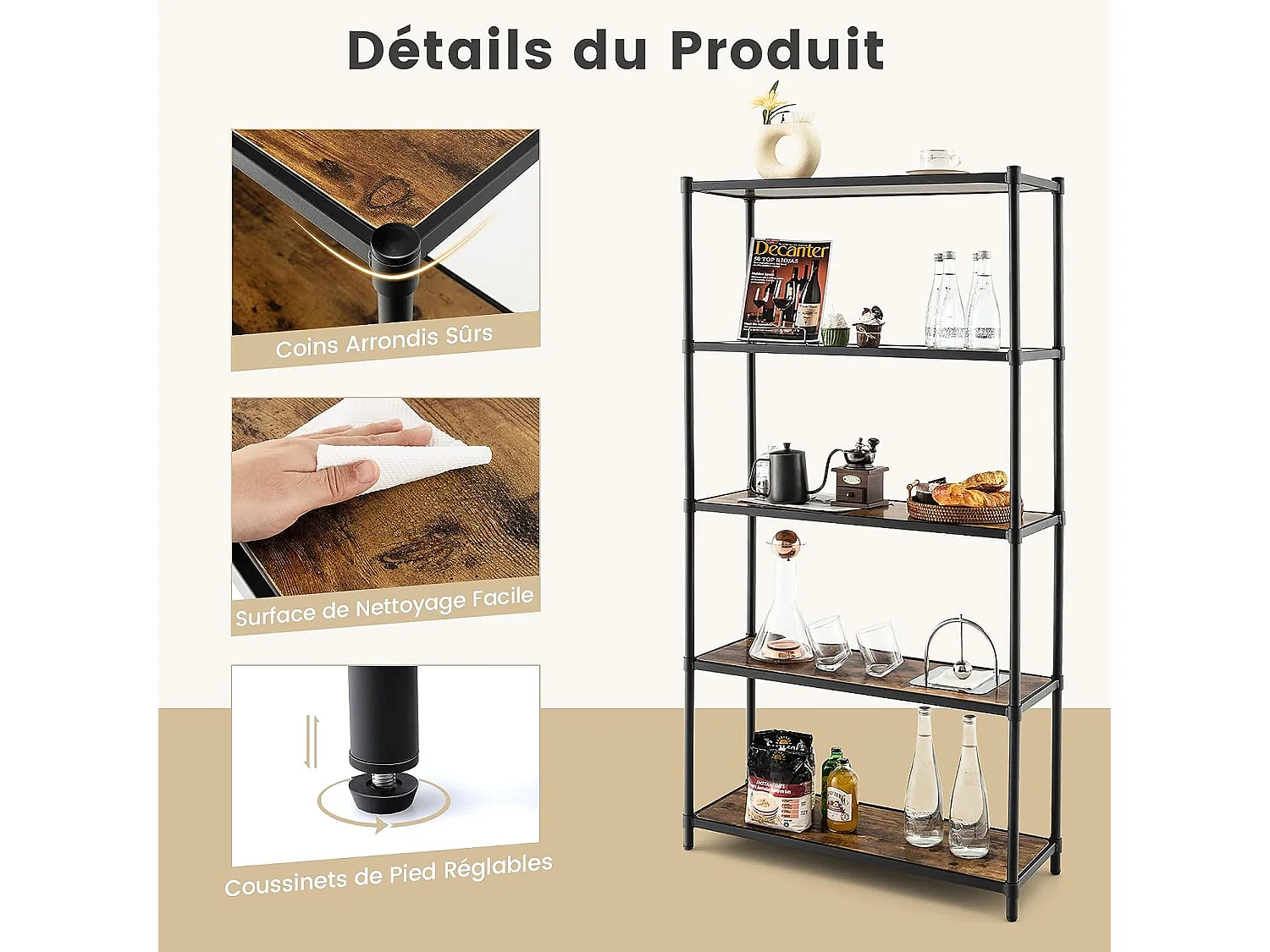 Bibliothèque étagère échelle à 5 niveaux avec cadre métallique, 80x29x154cm