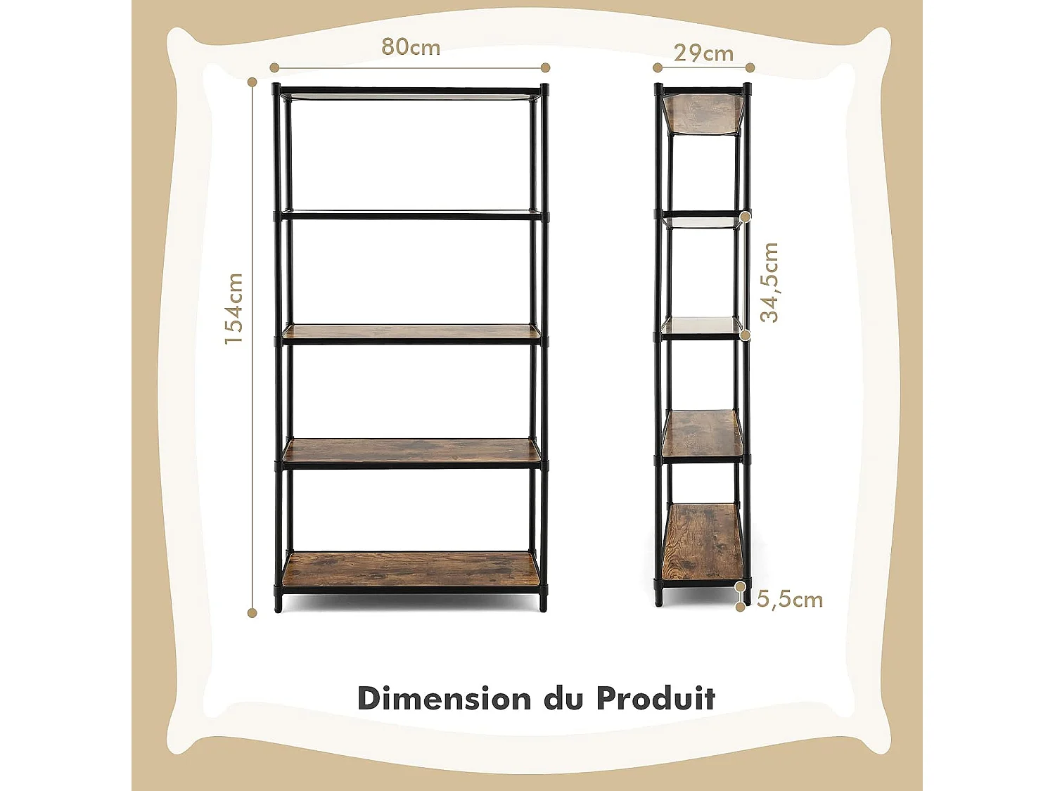 Bibliothèque étagère échelle à 5 niveaux avec cadre métallique, 80x29x154cm