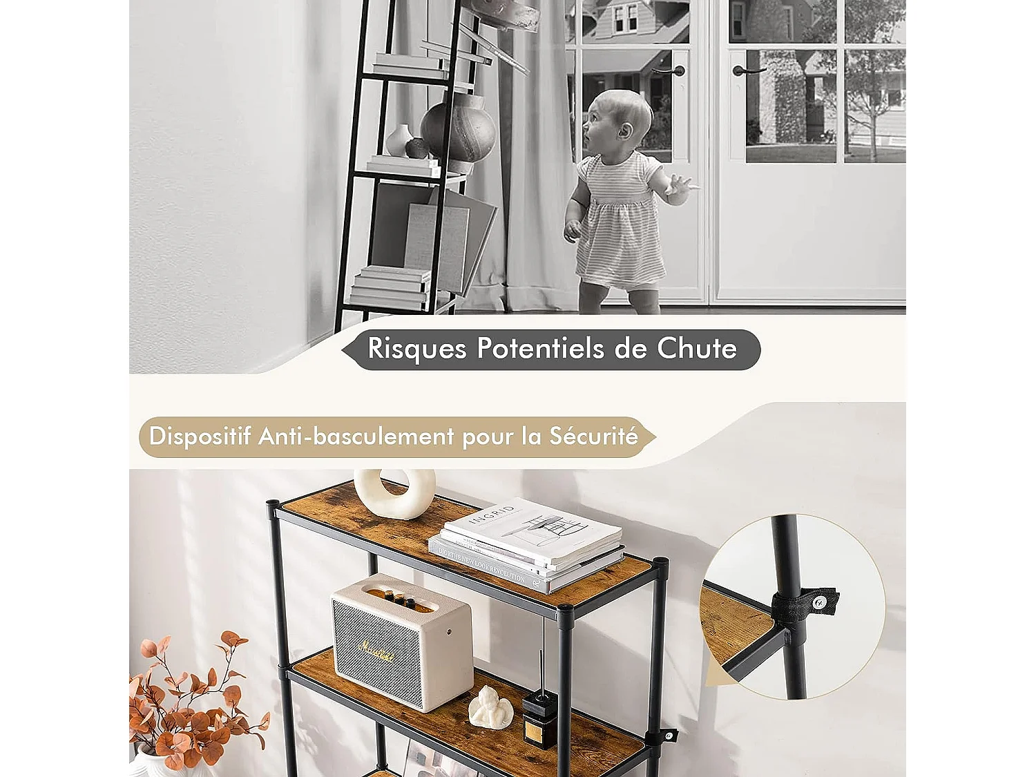 Bibliothèque étagère échelle à 5 niveaux avec cadre métallique, 80x29x154cm