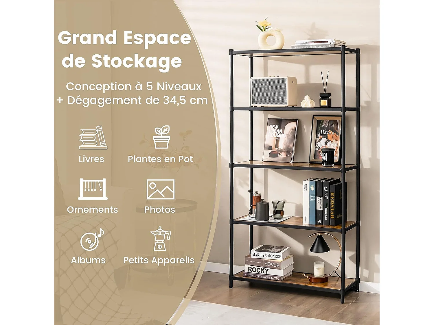 Bibliothèque étagère échelle à 5 niveaux avec cadre métallique, 80x29x154cm