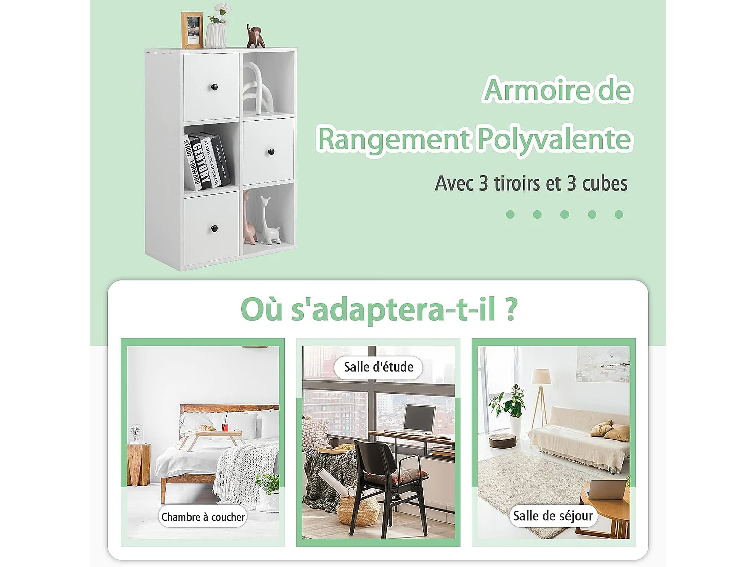Bibliothèque étagère rangement 3 niveaux avec 3 compartiments 3 tiroirs-60x30x89cm