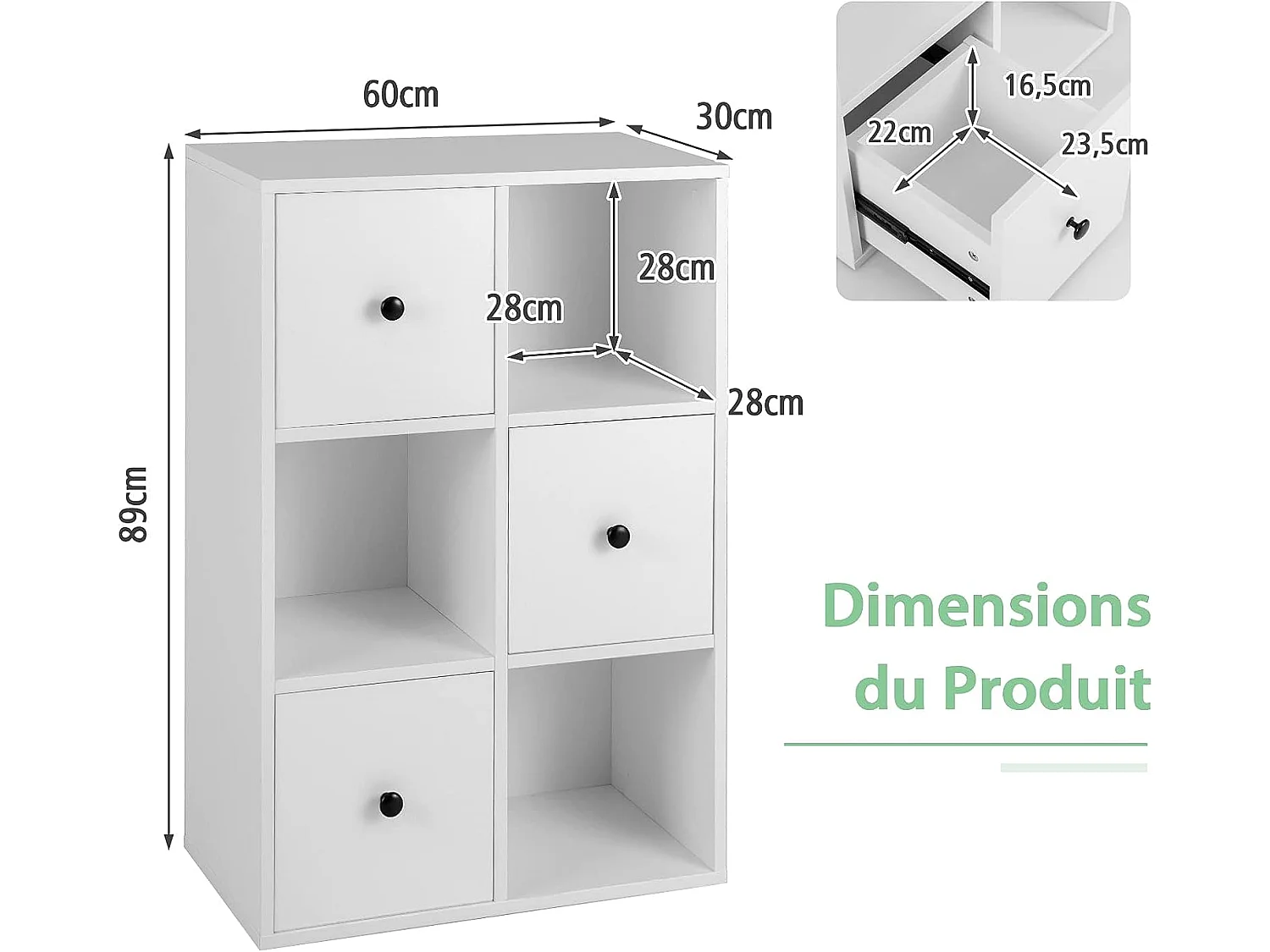 Bibliothèque étagère rangement 3 niveaux avec 3 compartiments 3 tiroirs-60x30x89cm