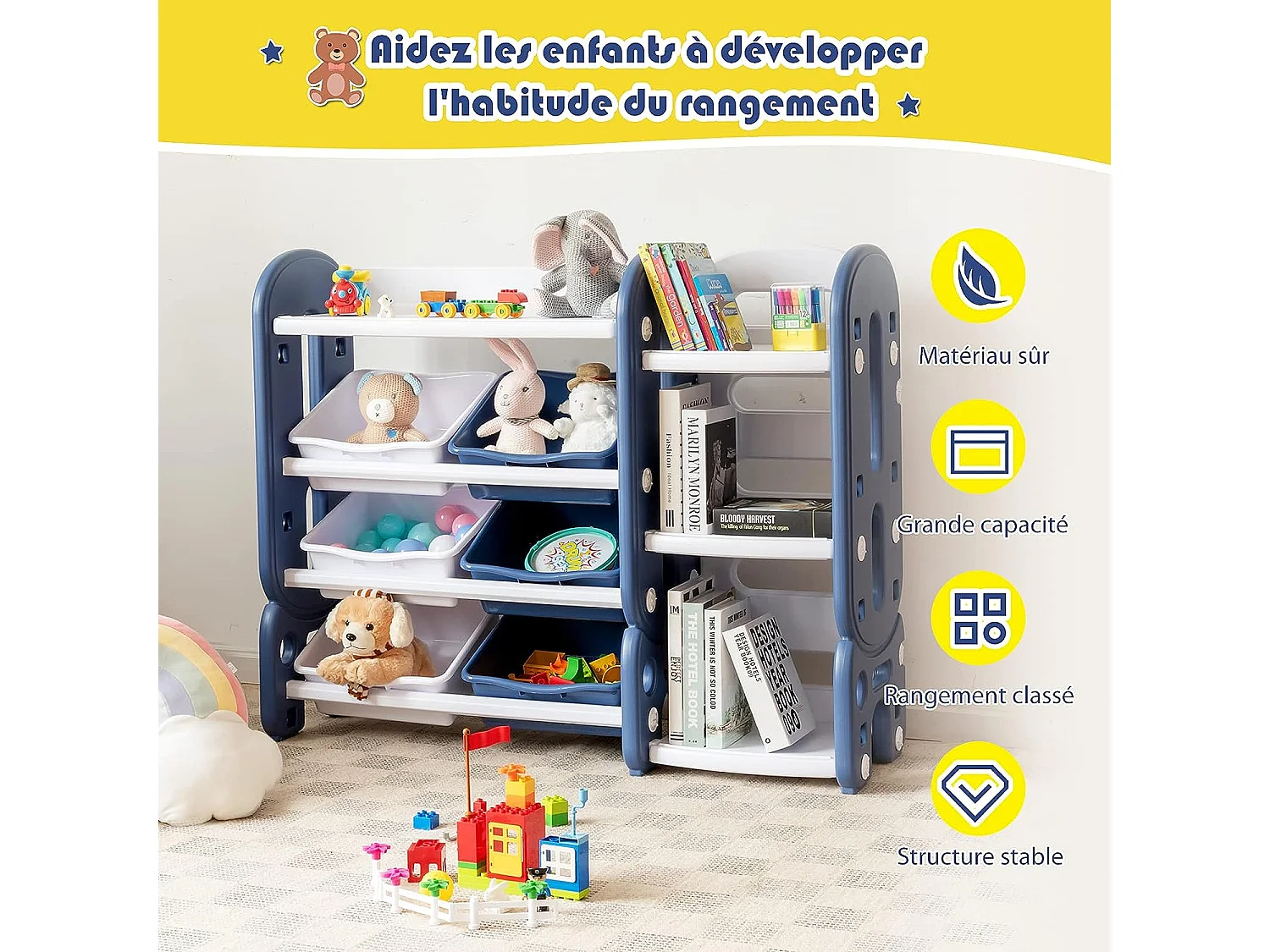 Etagere pour jouets avec bibliothèque meuble de rangement avec 6 bacs + 3 etages