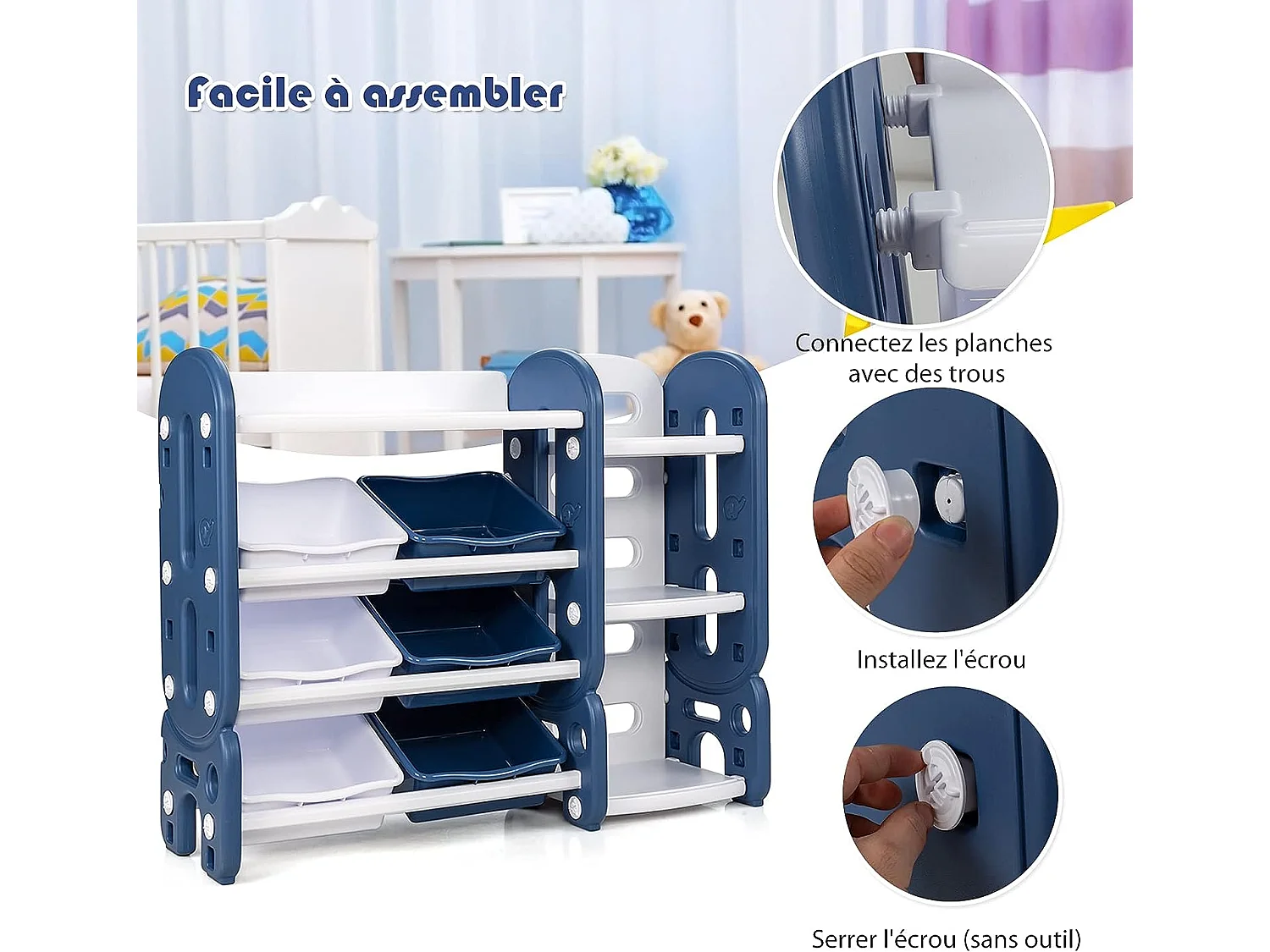 Etagere pour jouets avec bibliothèque meuble de rangement avec 6 bacs + 3 etages