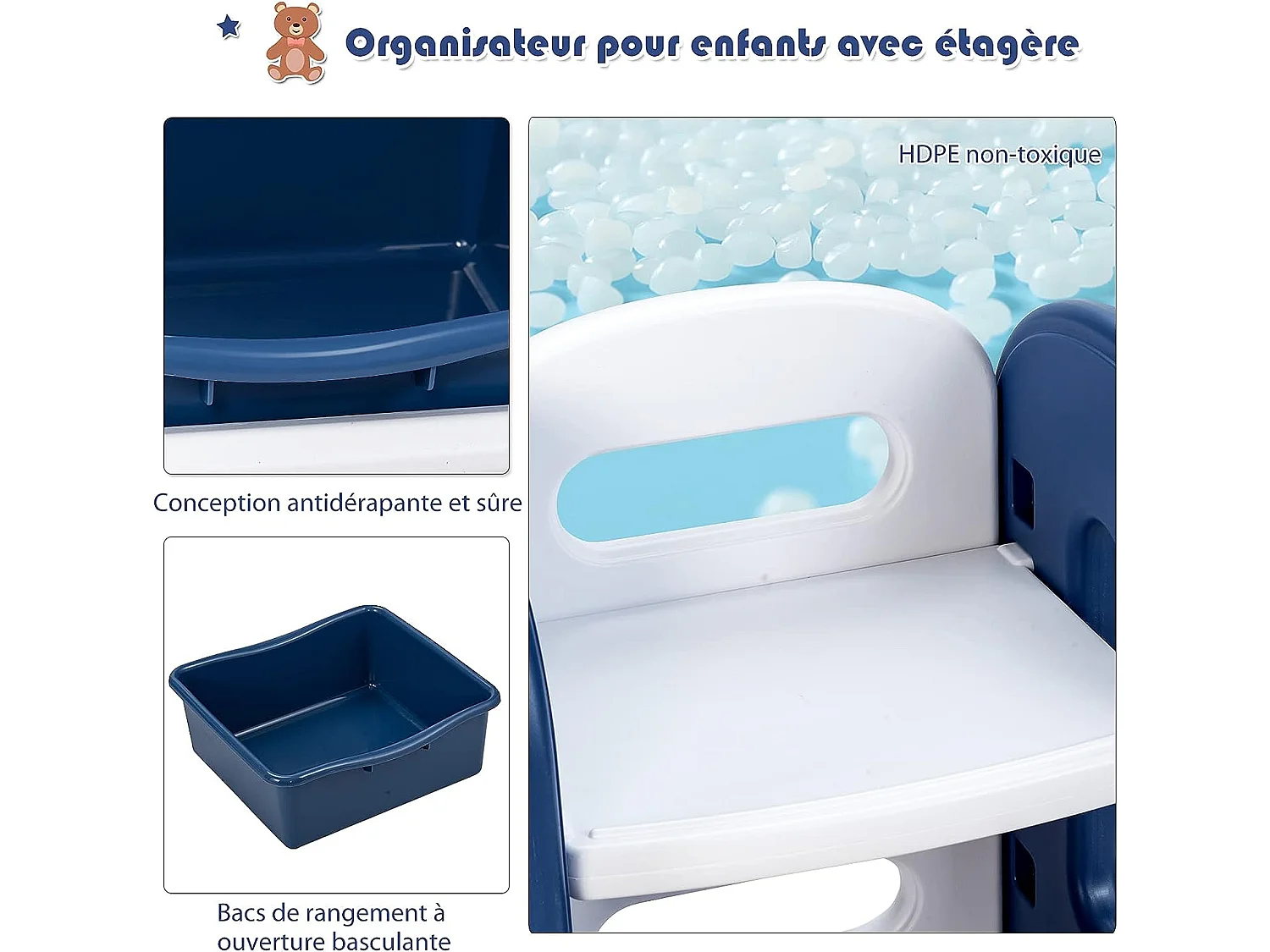 Etagere pour jouets avec bibliothèque meuble de rangement avec 6 bacs + 3 etages
