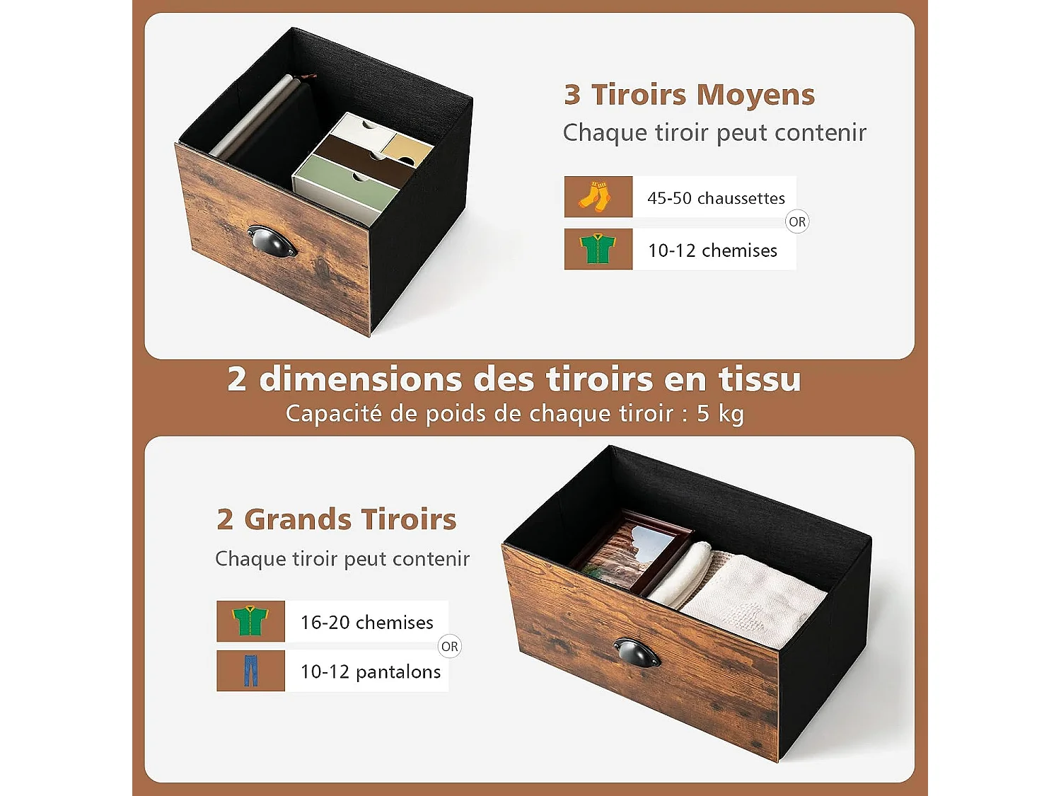 Commode Meuble de Rangement avec 5 Tiroirs Non-Tissés 100 x 30 x 54 cm Cadre en Métal Surface en MDF Marron Rustique&Noir