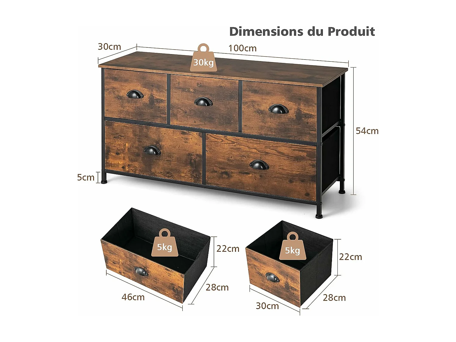 Commode Meuble de Rangement avec 5 Tiroirs Non-Tissés 100 x 30 x 54 cm Cadre en Métal Surface en MDF Marron Rustique&Noir