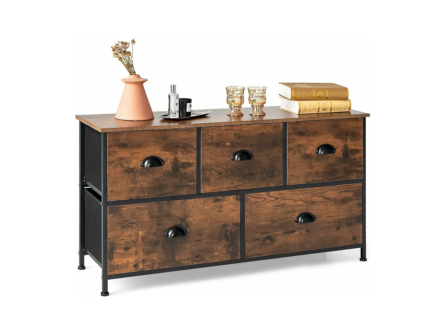 Commode Meuble de Rangement avec 5 Tiroirs Non-Tissés 100 x 30 x 54 cm Cadre en Métal Surface en MDF Marron Rustique&Noir
