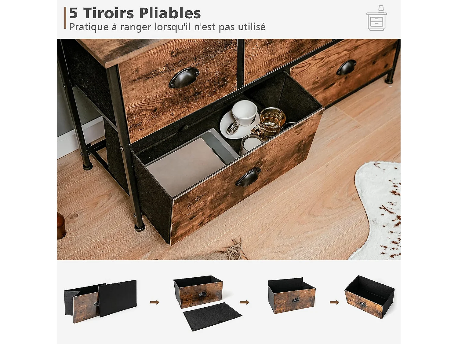 Commode Meuble de Rangement avec 5 Tiroirs Non-Tissés 100 x 30 x 54 cm Cadre en Métal Surface en MDF Marron Rustique&Noir