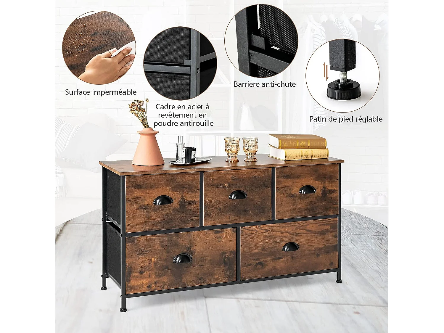 Commode Meuble de Rangement avec 5 Tiroirs Non-Tissés 100 x 30 x 54 cm Cadre en Métal Surface en MDF Marron Rustique&Noir