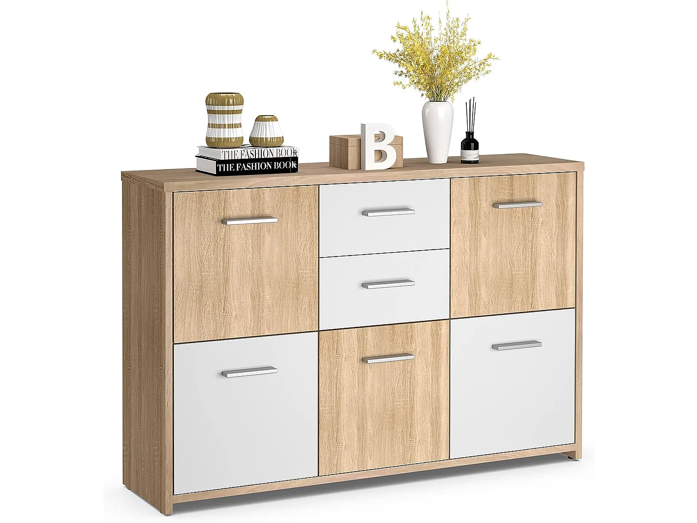 Commode de Chambre, Meuble de Rangement avec 2 Tiroirs et 5 Portes 114 x 29,5 x 77,5 CM Style Moderne