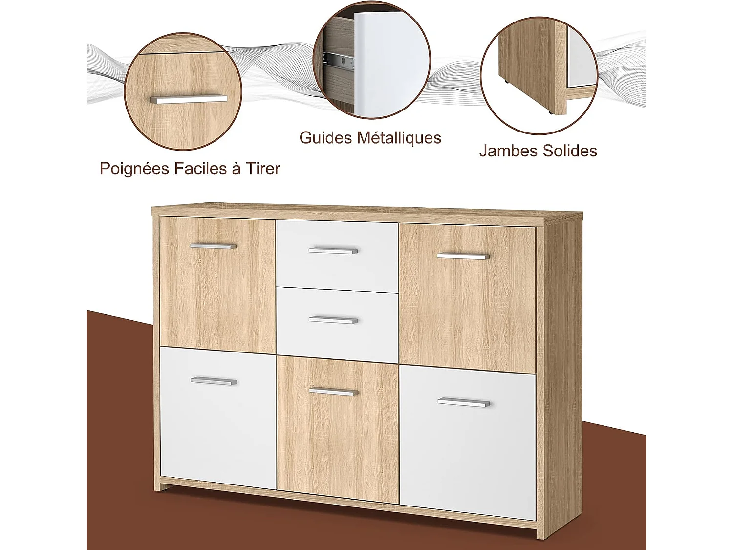 Commode de Chambre, Meuble de Rangement avec 2 Tiroirs et 5 Portes 114 x 29,5 x 77,5 CM Style Moderne