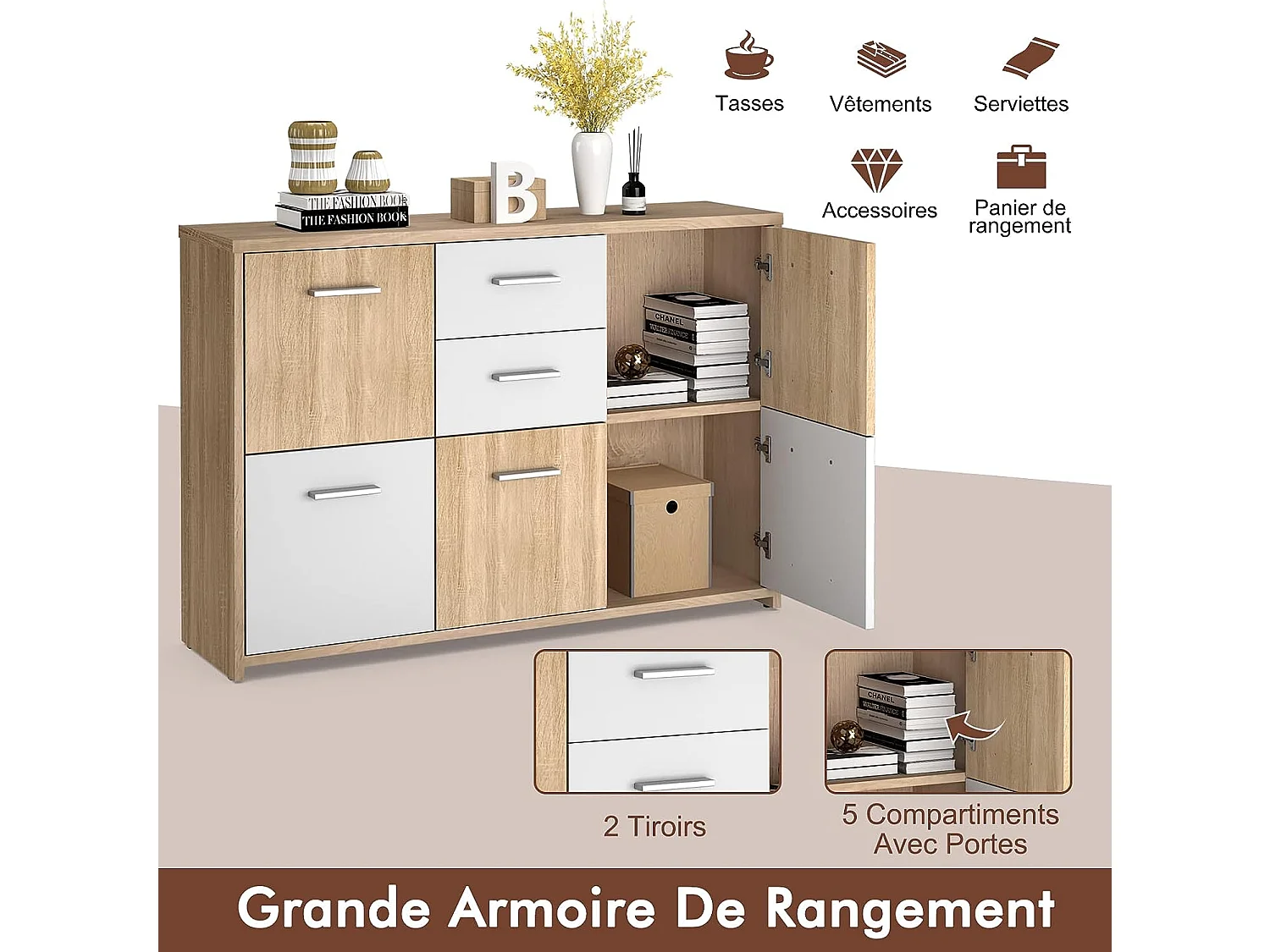 Commode de Chambre, Meuble de Rangement avec 2 Tiroirs et 5 Portes 114 x 29,5 x 77,5 CM Style Moderne