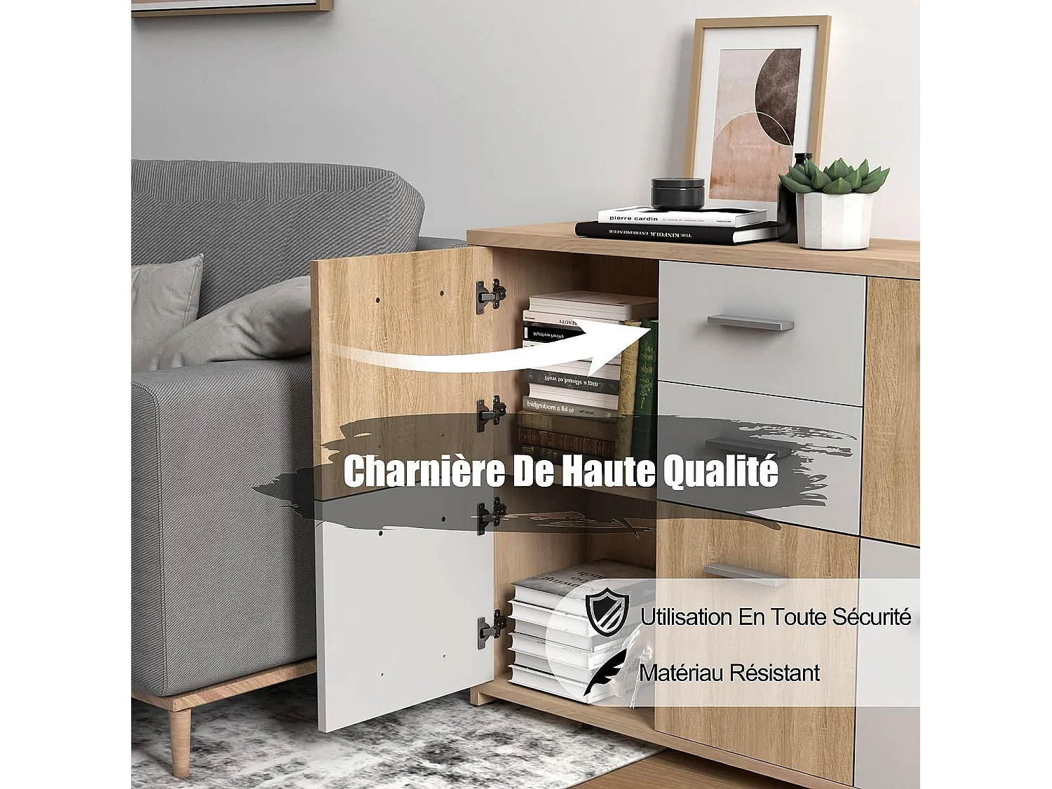 Commode de Chambre, Meuble de Rangement avec 2 Tiroirs et 5 Portes 114 x 29,5 x 77,5 CM Style Moderne