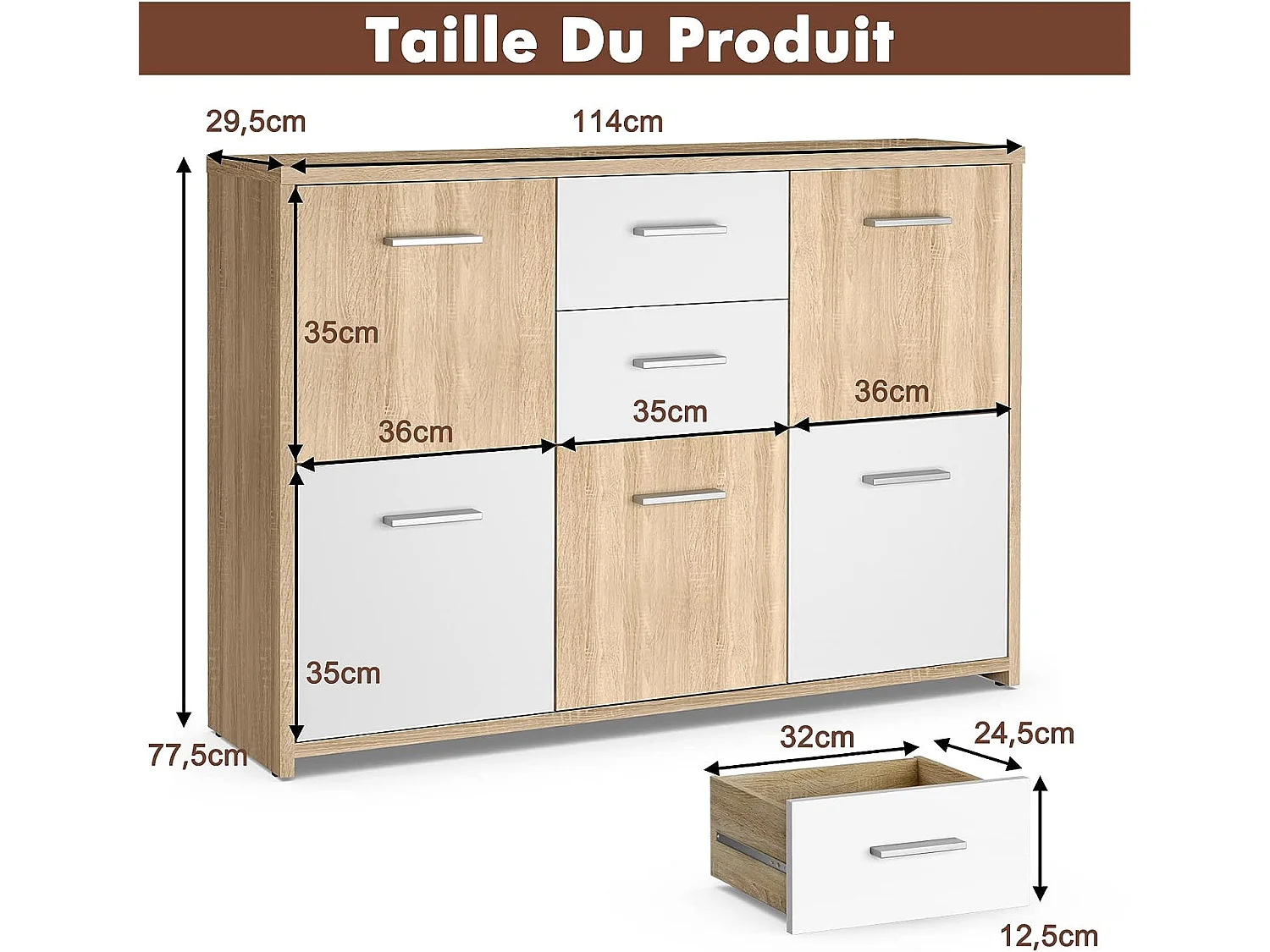 Commode de Chambre, Meuble de Rangement avec 2 Tiroirs et 5 Portes 114 x 29,5 x 77,5 CM Style Moderne