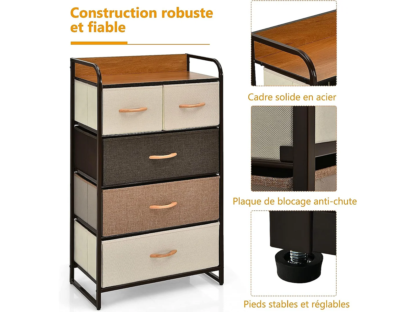 Commode Polyvalente Tour de Rangement Cadre en Acier et Plateau en Bois pour Couloir Placards 5 Tiroirs Amovibles en Tissu
