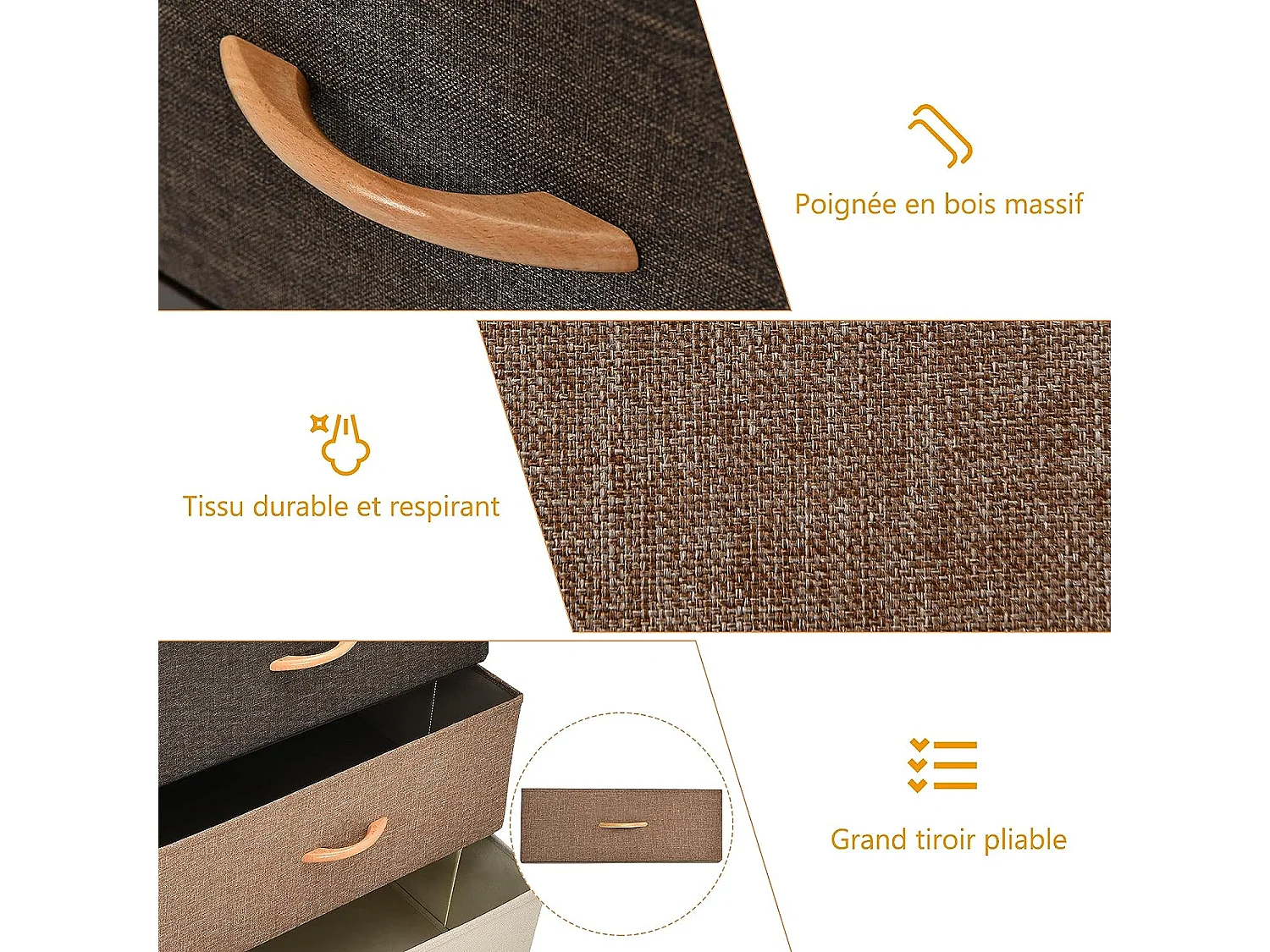Commode Polyvalente Tour de Rangement Cadre en Acier et Plateau en Bois pour Couloir Placards 5 Tiroirs Amovibles en Tissu