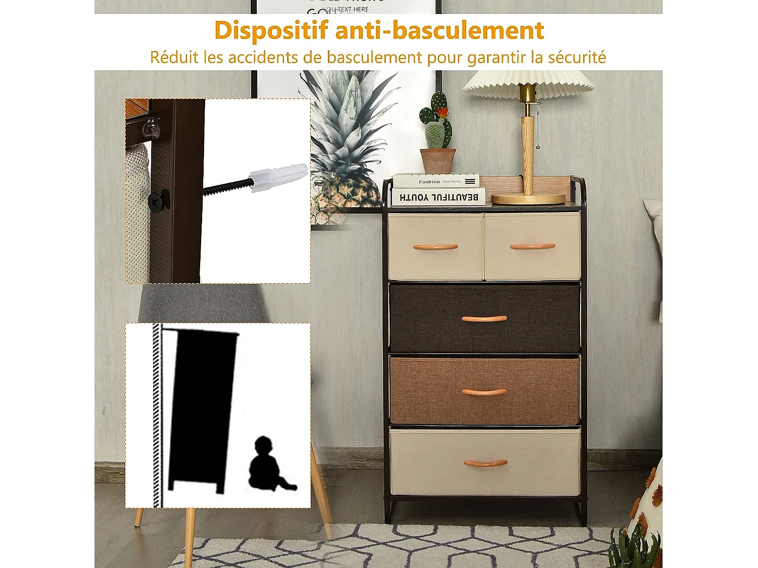 Commode Polyvalente Tour de Rangement Cadre en Acier et Plateau en Bois pour Couloir Placards 5 Tiroirs Amovibles en Tissu