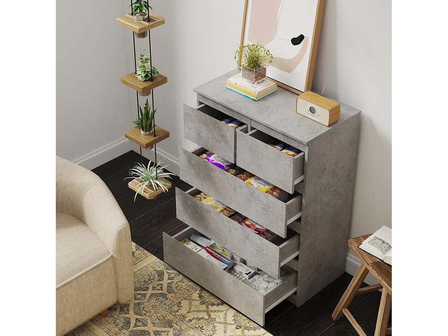 Commode avec 5 Tiroirs, Armoire Multifonction Moderne avec Rails en Métal, 75 x 42 x 104 cm, Peu Encombrant Gris