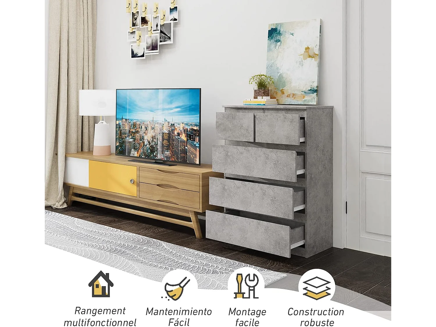 Commode avec 5 Tiroirs, Armoire Multifonction Moderne avec Rails en Métal, 75 x 42 x 104 cm, Peu Encombrant Gris