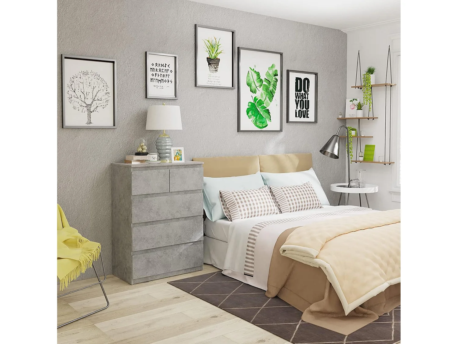 Commode avec 5 Tiroirs, Armoire Multifonction Moderne avec Rails en Métal, 75 x 42 x 104 cm, Peu Encombrant Gris